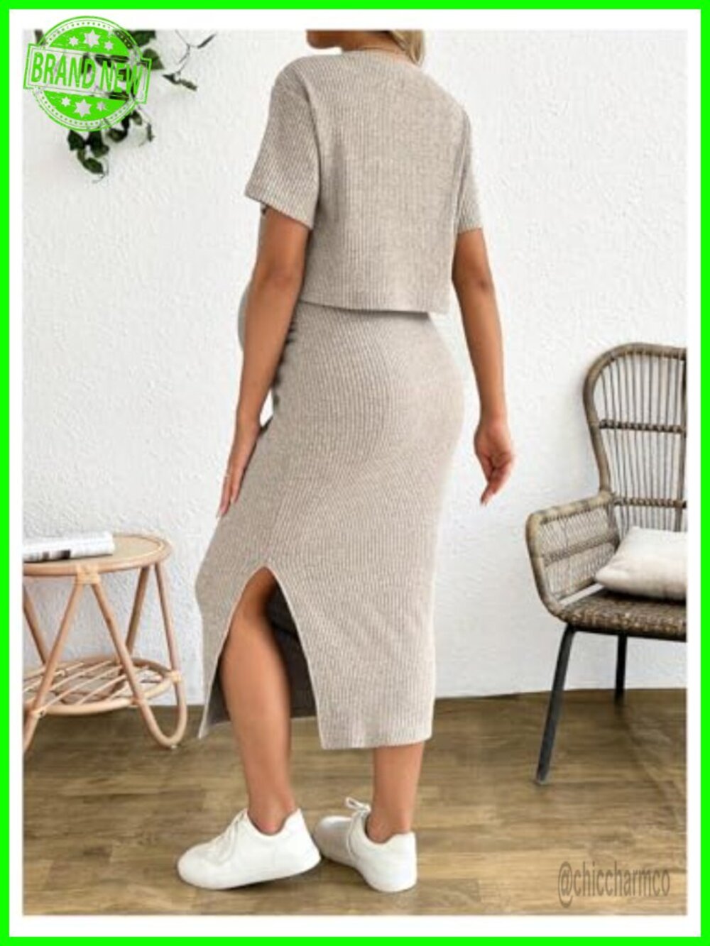 Maternity Ribbed 2 Piece Set Crop Top Bodycon Midi Skirt - Picture 2 of 4